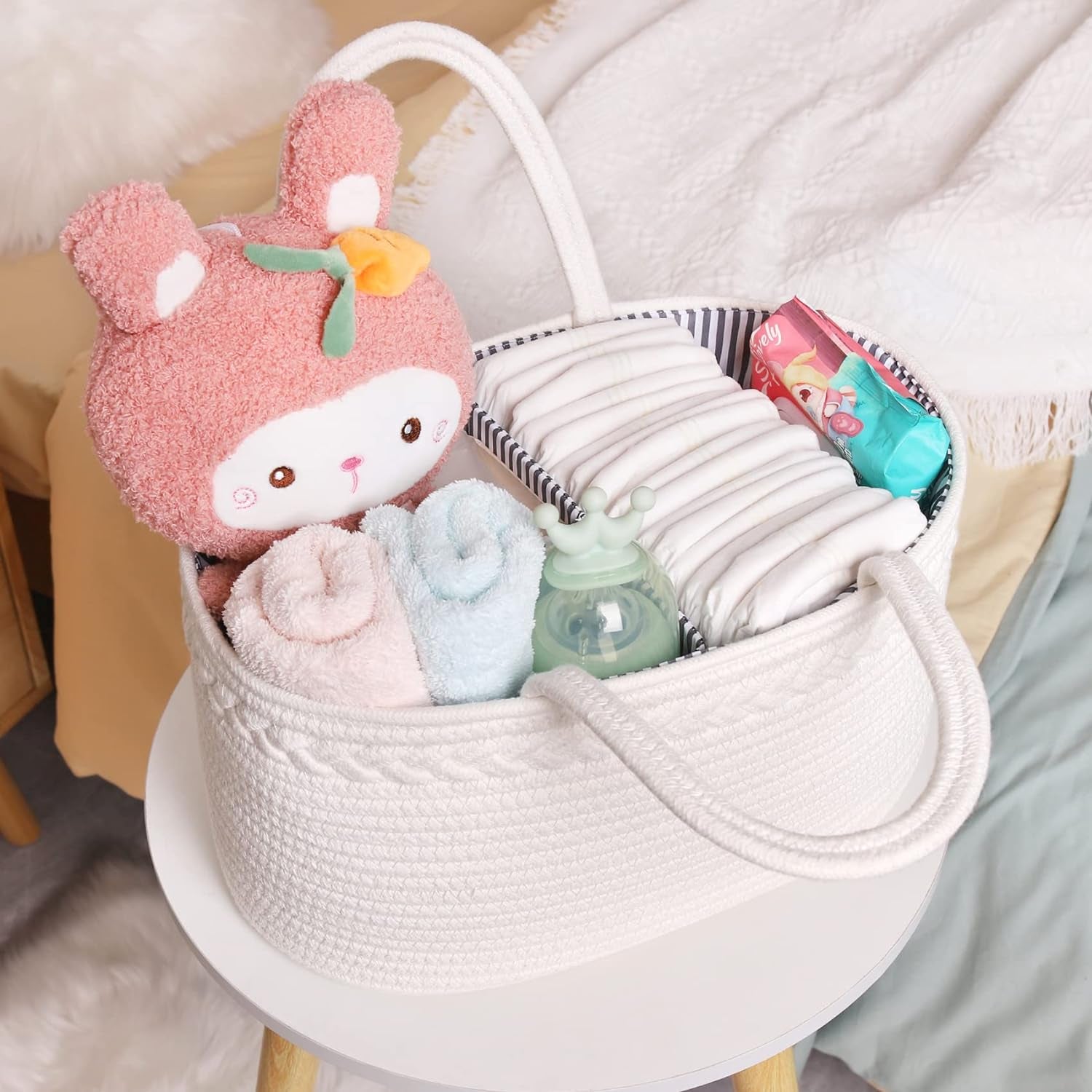 Baby Diaper Caddy Organizer, Boho Rope Nursery Storage Baby Basket Bin Gift Bags for Boys Girls, Portable Caddy Organizer for Changing Table Car, Ideal Gift Baby Shower Basket (White)